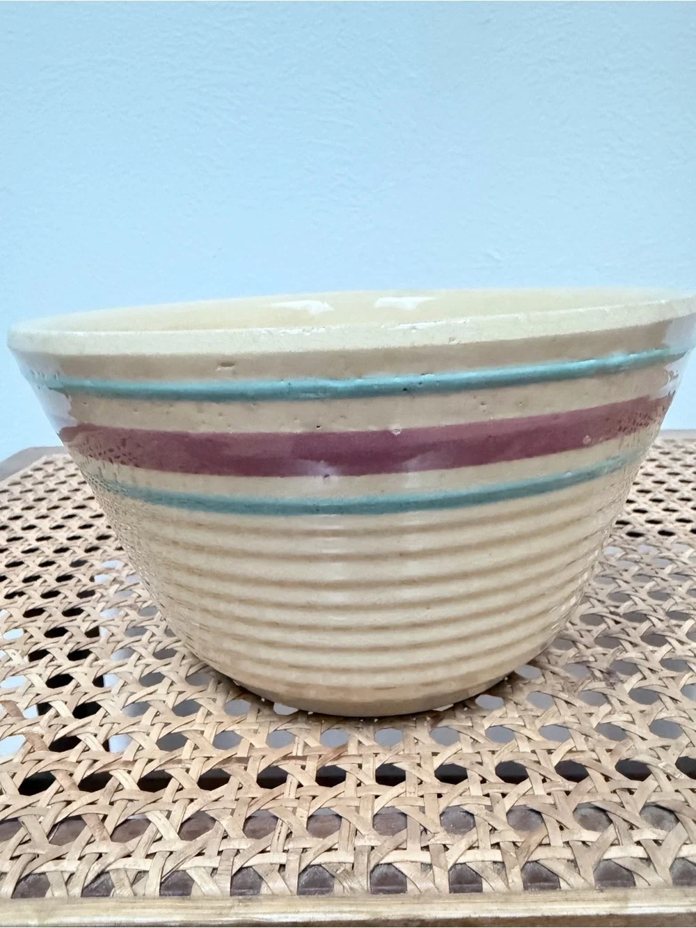 Watt Beehive pink and blue striped mixing bowl set, size 6 and 7, vintage